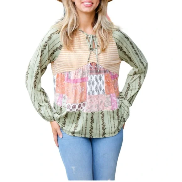 NEW HAPTICS OLIVE & MUSTARD BOHO TWO TONE TIERED BABYDOLL TOP - Picture 5 of 11